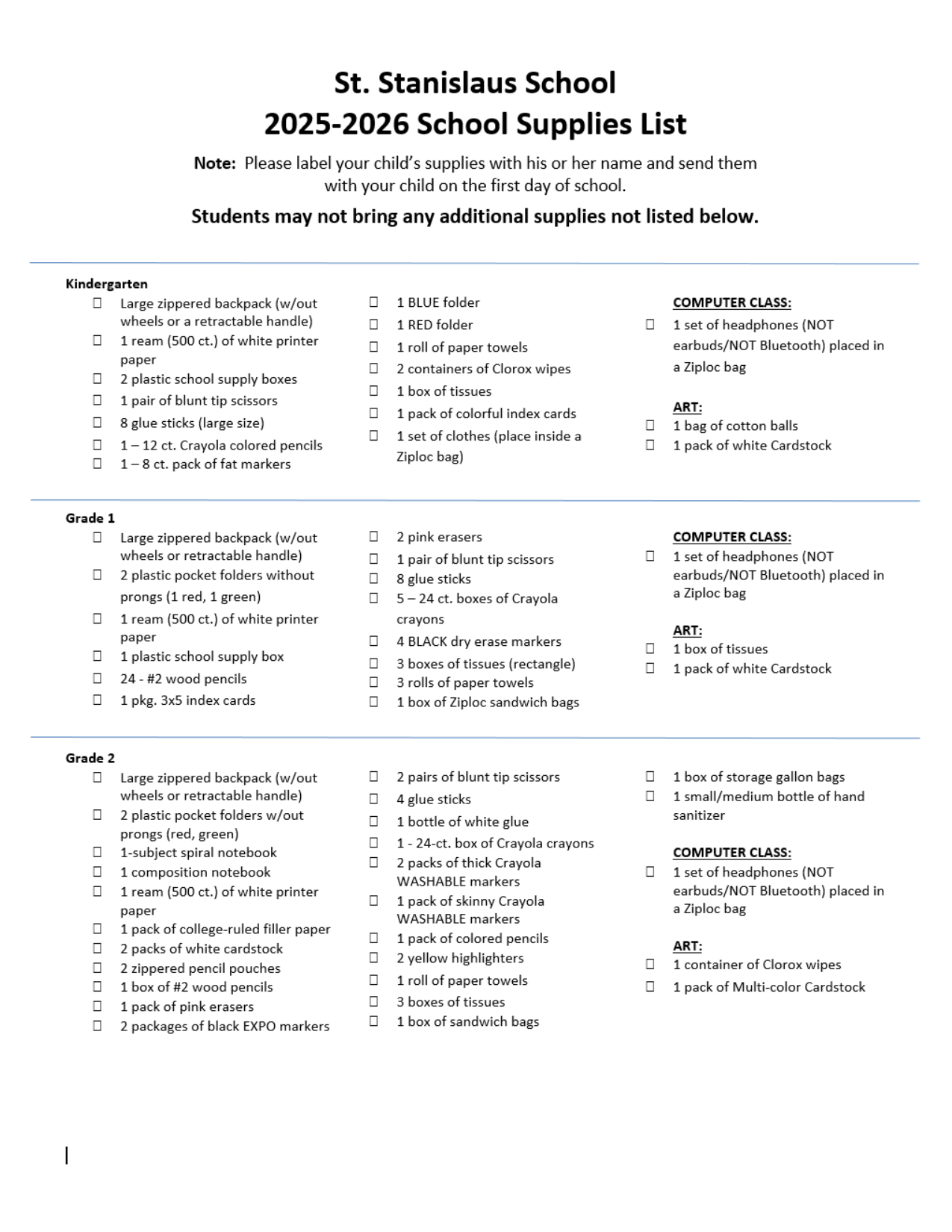 School Supply List - St Stanislaus Elementary School